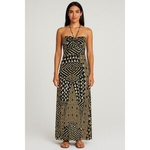 BCBGMAXAZRIA Maxi Dress XS‎ Halter Neck Black Gold Geometric Print Sleeveless
